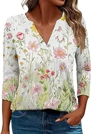 [Generic] Athletic Shirts Women Tight Fit V Neck Tshirt Ladies 2024 Floral Print Daily Tees Tunic Blouses Long Sleeve Camisoles Women