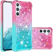 [QIWEIQING] Compatible for Glitter Liquid Case for Samsung Galaxy S23 FE, Sparkle Sequin Floating Quicksand Solid Love TPU Shockproof Protective Cover for Samsung Galaxy S23 FE.Pink Blue YBJ