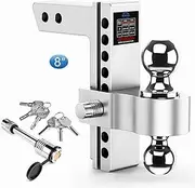 Adjustable Trailer Hitch - 8 Inch Drop Hitch Ball Mount for 2 Inch Receiver, 12,500 GTW, 2" and 2-5/16" Stainless Steel Tow Balls, Aluminum Tow Hitch with Double Anti-Theft Pins Locks