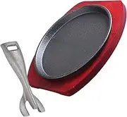 1Set Non Stick Iron Grilling Pan with Wooden Base Durable Bbq Cooking Plate for Steak Fish and More for Home Use and Restaurant Serving