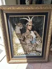 Vintage Framed Fabric Art Of Woman With Cheetahs -Ornate Gold Frame - Exotic