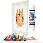 Kids Art Frame with Painting Set (24 watercolor pens+10 pcs of drawing paper), White, Display 8.5*11inch, Storage 50, For Children Art Projects, Drawings, Crafts or Certificate, Desktop or Wall