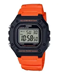 在飛比找Yahoo!奇摩拍賣優惠-CASIO手錶公司貨復古方型錶W-218H-4B2 黑X橘 