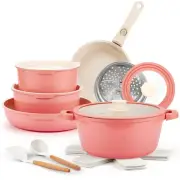 Ceramic Pots and Pans Set Non Stick Pink, 19 Pcs Nonstick Cookware Set with D...