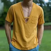 Men's T Shirt Casual Style Tee Top Short Sleeve Short Sleeves V Neck Summer Solid Color Fashion Designer Basic Plain Vacation Street Casual Yellow Top Tee for