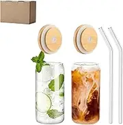2 Pack Cup with Straw, Drinking Glasses with Bamboo Lids and Glass Straw, Glass Cup, 17 Oz Can Shaped Glass, Smoothie Cup, Ideal for Drinks, Coffee, Cocktails, Whiskey