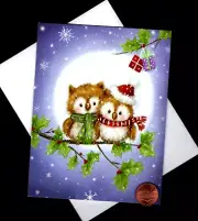 HTF Christmas Owls Hat Branch Moon - SMALL - Greeting Card W/ TRACKING