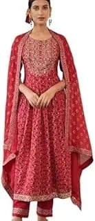 [Aizza Trends] Women's Printed Kurti Pant With Dupatta Set, Red Nayra, Large