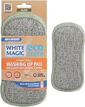 White Magic Dish Cleaning Microfibre Eco Cloth Washing Up Pad, Non Scratch, Rough Scrubbers Side for Non-Stick Cookware, Soft Scrub Side for Dishes (Olive)