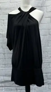 River Island Blouse Black Asymmetric One Sleeve Top Size 16 Stretchy BNWT Straps