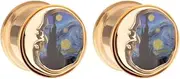[Pierced Owl] Gold Plated 316L Stainless Steel Starry Night Crescent Moon Double Flared Plugs, Sold as a Pair