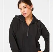 SPANX NWT! AIR ESSENTIALS SHINE M ½ Zip Very Blk Gunmetal Silver Shimmer Sweater