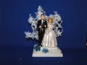 New Handmade Bride & Groom Wedding cake topper or Centerpiece in lt blue/aqua