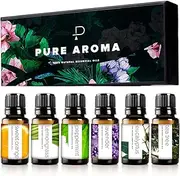 PURE AROMA Essential Oils by 100% Pure Therapeutic Grade Oils kit- Top 6 Aromatherapy Oils Gift Set-6 Pack, 10ML(Eucalyptus, Lavender, Lemon Grass, Orange, Peppermint, Tea Tree)