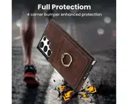 Full Protection Cover for Samsung Galaxy S22 Ultra, 2 Cards PU Leather Case with Ring Holder - Brown