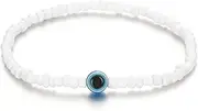 [Rinbuz] Evil Eye White Beaded Anklet, White Seed Beads Resin Evil Eye Beach Anklets for Women Waterproof, 20cm length (Stretchy), Glass, no gemstone