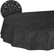Fabric Tablecloth, Textile Table Linen, Cotton Polyester, Washable, Plain Ornamental Damask Jacquard Fabric, Washable, Baroque Black, Oval, 180 x 140 cm, Cut Edge