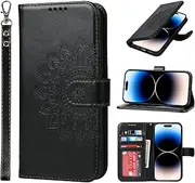 Cavor Wallet Case for iPhone 14 Pro 6.1'' PU Leather Case Magnetic 3D Embossed Flower Women Flip Kickstand with Card Holder Wristlet Hand Strap Protective Cover-Flower Black