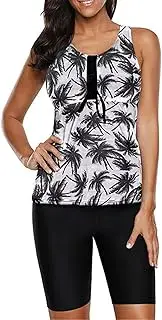 [Generic] Womens Color Block Print Tankini Swimsuits Athletic Cropped Pants Bathing Suits with Shorts Swim Sleeveless Tank Tops