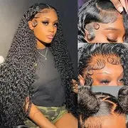 Tosiboy 30 Inch Deep Wave Lace Front Wig Human Hair Pre Plucked 33 x 15 cm Curly HD Transparent Lace Front Wig Human Hair for Black Women 180% Density Wet and Wavy Glueless