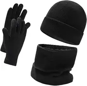 [Perfeclan] Beanie Hat, Neck Warmer, Touchscreen Gloves 3Pcs/Set Scarf Knitted Windproof for Outdoor Women Men Running Adults Ear Warming