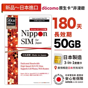 Nippon SIM 日本原生*非漫遊SIM卡 50GB/180天🇯🇵日本製 Docomo 高速上網 留學3-6個月多次