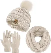 [URATOT] Winter Warm Knitted Sets Beanie Pompom Hat Scarves Winter Touchscreen Gloves Scarf Set for Men Women