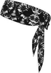 [YANYU] Black and White Sunflowers Print Sports Head Tie Sweat Wicking Head Tie Quick Dry Adjustable for Men and Women