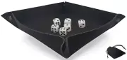 (6) 16mm White Dice Rounded w/Pouch + Dice Rolling Tray Folding Black Felt Mat