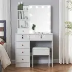 Modern Dressing Table 6 Drawers, Bedroom Makeup Vanity Desk Set W/ Mirror Stool