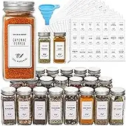 AOZITA 24 Pcs Glass Spice Jars with White Printed Spice Labels - 4oz Empty Square Spice Bottles - Shaker Lids and Airtight Metal Caps - Silicone Collapsible Funnel