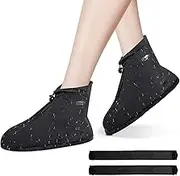 WFARH Shoe Covers with Zipper, Waterproof Hard Sole Version Shoe Covers for Rain, Reusable Silicone Non Slip Shoe Covers Outdoor Cycling Protectors apply to Men, Women, Kids (Large, Black)