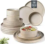 Stoneware Dinner Sets for 6 People, 18 Pieces Reactive Glaze Handcrafted Plates and Bowls Set, Scratch Resistant Dinnerware Set, Dishwasher & Microwave Safe Crockery Set (Cappuccino, Set of 18)