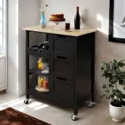 Kitchen Carts Wood Tabletop 3-Tier Drawer Trolley Dining Table Cabinet w/ Wheels
