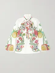 [La DoubleJ] La DoubleJ - Cerere Pussy-bow Ruffled Floral-print Cotton Poplin Blouse - White - large large White
