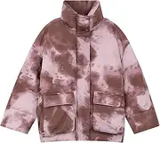 [Generic] Women's Tie Dye Retro Lapel Down Jacket Casual Loose Waistband Pocket Down Jacket