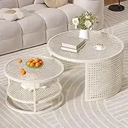 Coffee Table Set, Hollow Shelf Storage Design, 3 Glass Styles Available, Double-Layer Round Nesting Table, for Living Room, Bedroom, Office(Whitec,24in+18in)