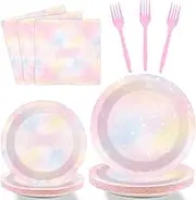 96PCS Pastel Rainbow Tableware Set for 24 Guests - Birthday Dinnerware Plates, Forks, Cloud Party Plates for Weddings, Party Decorations Supplies