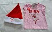 The Elf On The Shelf Girls Pink Printed Short Sleeve T Shirt Size 1 + Xmas Hat