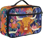 Blue Highland Cow Lunch Box for Girls Rectangle Washable Soft Durable Print Lunchbox Kids Picnic School Insulated Lunch Bags Zippered Cooler Thermal Tote