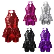 Kids Ballet Dance Leotard Girls Sequins Shorty Unitards Latin Dress Gymnastics