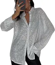 [MOSSTYUS] (Upgraded Fabric) Womens Sequins Long Sleeve Collared Shirt Button Down Open Front Shirt Loose Blouses Shirts Tops