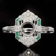 ART DECO GREEN EMERALD DIAMOND VINTAGE ENGAGEMENT RING SETTING ROUND CUT NATURAL