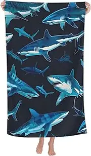 VODRM Shark Beach Towel,32x52in Microfiber Quick Dry Ocean Sea Fish Dark Blue Bath Towels,Soft Lightweight Oversized Sand Free,for Travel Pool Swimming Gym Decor,Gifts Boys