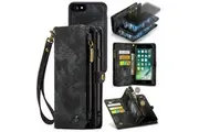 CaseMe For Apple iPhone 7 /8 Zipper & Detachable Retro Leather Pouch Wallet Flip Purse Bag Detachable Phone Case Cover (Black)