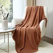 [CREVENT] Farmhouse Rust Knit Throw Blanket for Couch Sofa Chair Bed Home Decoration, Soft Warm Cozy Light Weight for Spring Summer Fall (127x152cm Caramel/Rust)
