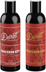 Detroit Grooming Co. Beard Duo - Traverse City - Cherry Tobacco Scented Beard Wash (8oz) and Beard Conditioner with Biotin (8oz) for the Ultimate Healthy Beard Growth and Care - Great Men's Gift Pack