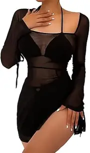 [HSAJS] Women's Dress Transparent Fine Mesh Mini Dress Black Mesh Dresses Lingerie Hollow Out Sexy Mini Skirt Night Dress Erotic Lace Dress Cover Up