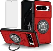 [Asuwish] Phone Case for Google Pixel 8 Pro 5G with Tempered Glass Screen Protector Cover and Ring Holder Magnetic Kickstand Slim Hybrid Cell Accessories Pixel8Pro Pixel8 XL Eight 8Pro Women Men Red