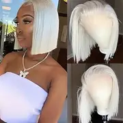 Guanyuwigs - Guanyuhair 13X4#60 Lace Front Wig Human Hair Platinum Blonde Short Bob Wig Straight Brazilian Ash Blonde Wig Pre Plucked (8inch)